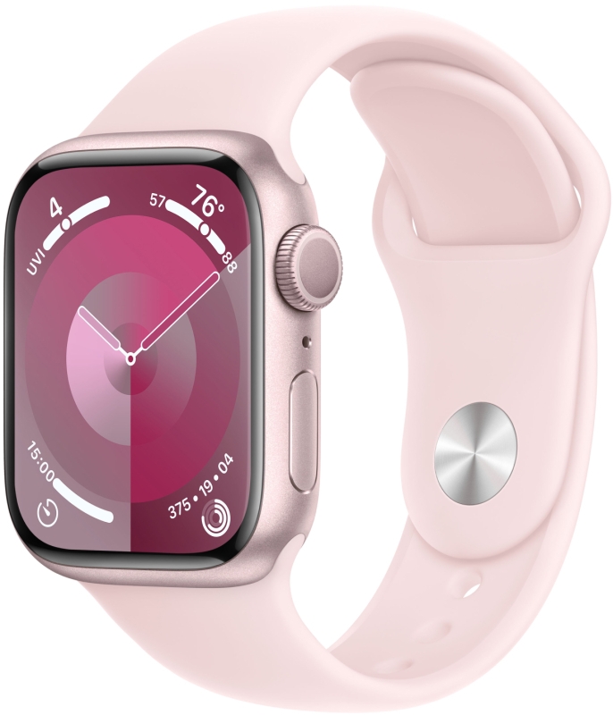 Apple Watch Series 9, 45 мм, корпус из алюминия розового цвета, спортивный ремешок розового цвета