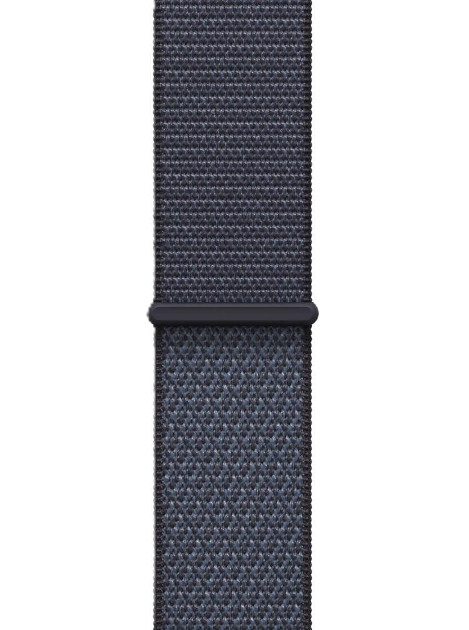 Apple Watch SE (2025), 44 мм, корпус из алюминия цвета «полуночный черный», спортивный ремешок Loop цвета «якорный синий»