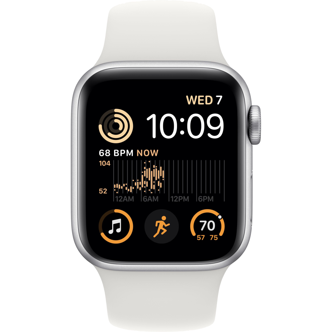 Apple Watch SE (2022), 44 мм, корпус из алюминия серебристого цвета, спортивный ремешок белого цвета