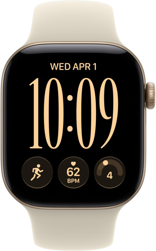 Apple Watch Series 12, 46 мм, корпус из алюминия цвета «светлое золото», спортивный ремешок песочного цвета