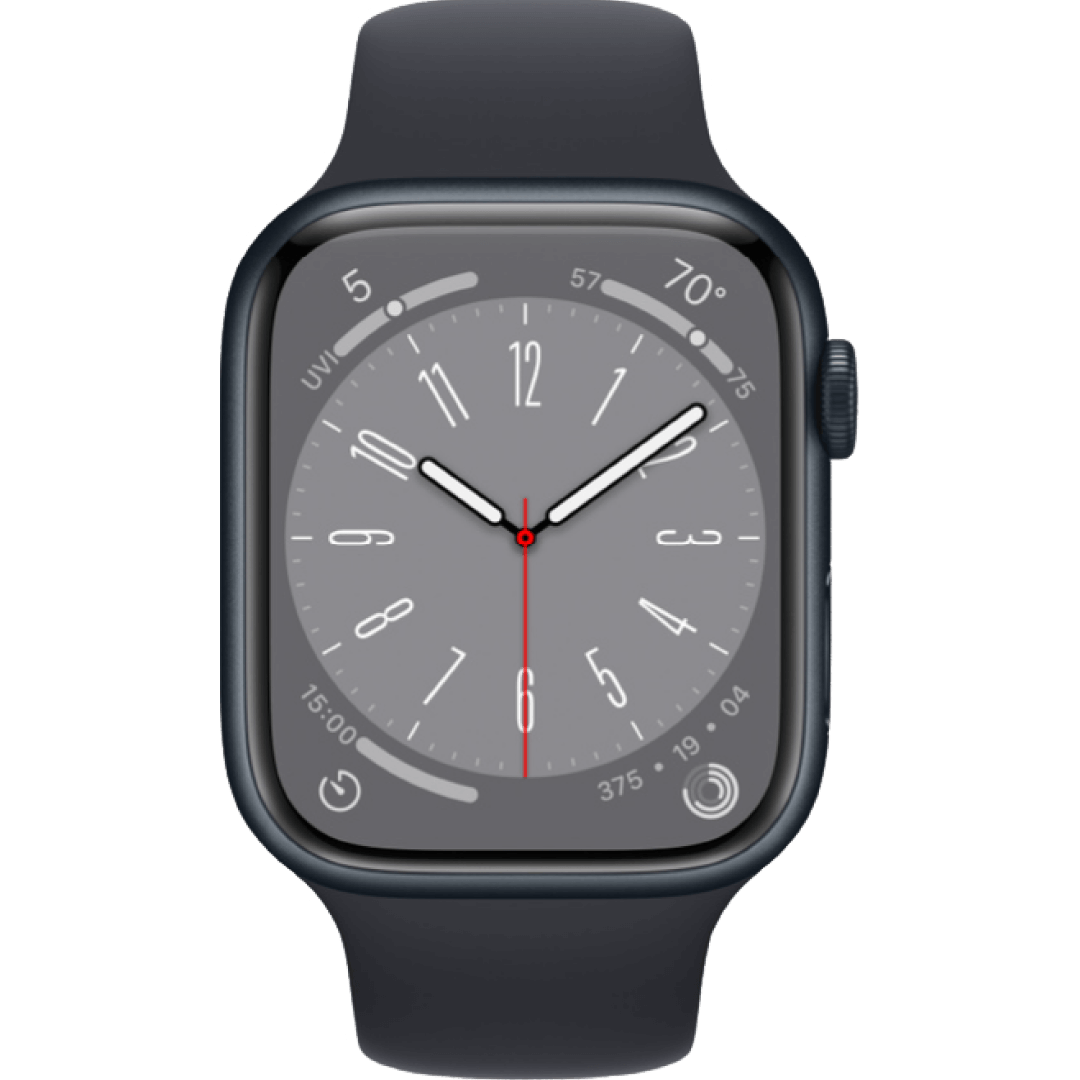 Apple Watch Series 8, 45 мм, корпус из алюминия цвета «тёмная ночь», спортивный ремешок «тёмная ночь»