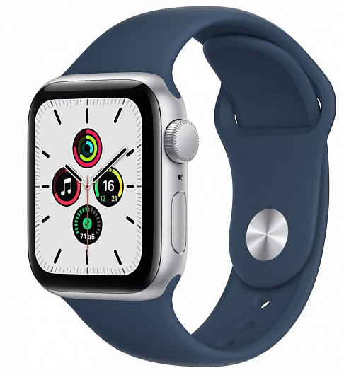Apple Watch SE, 40 мм, корпус из алюминия серебристого цвета, спортивный браслет цвета «тёмный ультрамарин»