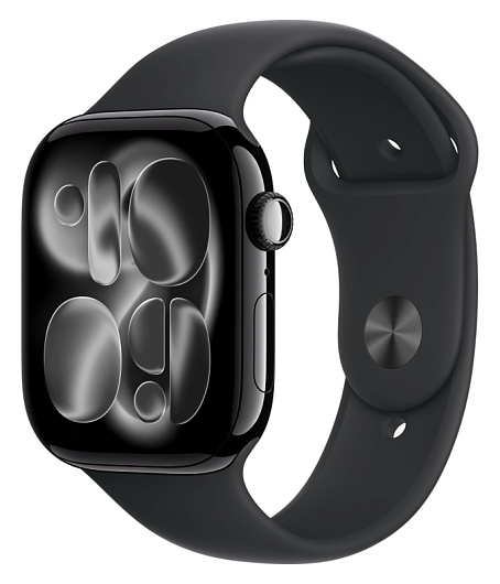 Apple Watch Series 11, 42 мм, корпус из алюминия цвета «чёрный глянец», спортивный ремешок чёрного цвета