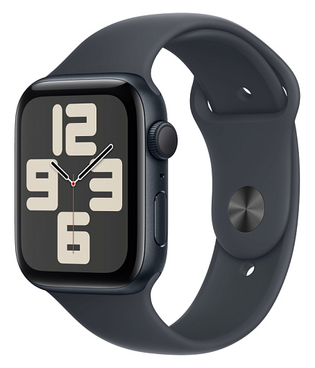 Apple Watch SE (2024), 44 мм, корпус из алюминия цвета «полуночный черный», спортивный ремешок «полуночный черный»
