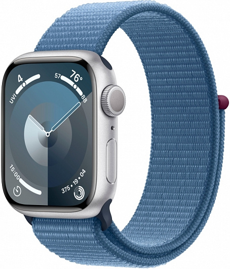 Apple Watch Series 9, 41 мм, корпус из алюминия серебристого цвета, спортивный ремешок Loop цвета «грозовой синий»