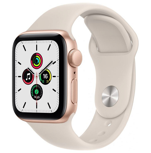 Apple Watch SE, 40 мм, корпус из алюминия золотого цвета, спортивный ремешок цвета «сияющая звезда»