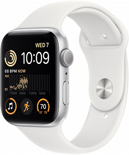 Apple Watch SE (2022), 44 мм, корпус из алюминия серебристого цвета, спортивный ремешок белого цвета