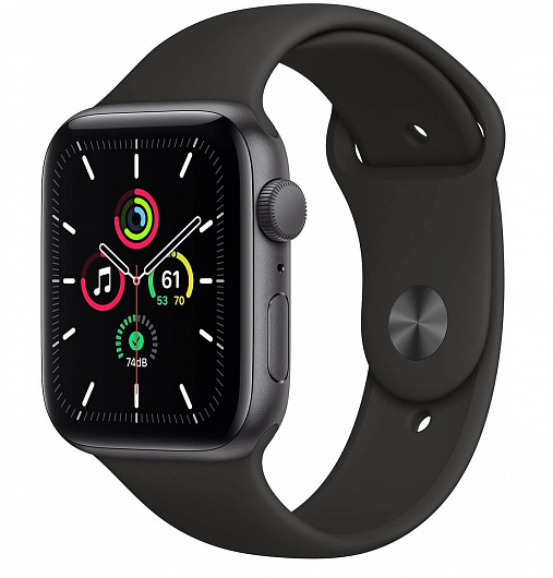 Apple Watch SE, 44 мм, корпус из алюминия цвета «серый космос», спортивный ремешок чёрного цвета