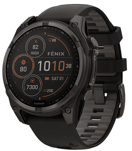 Умные часы Garmin Fenix 8 47 мм, Solar, титан с DLC, сапфир, силиконовый ремешок цвета чёрный/«серая галька»