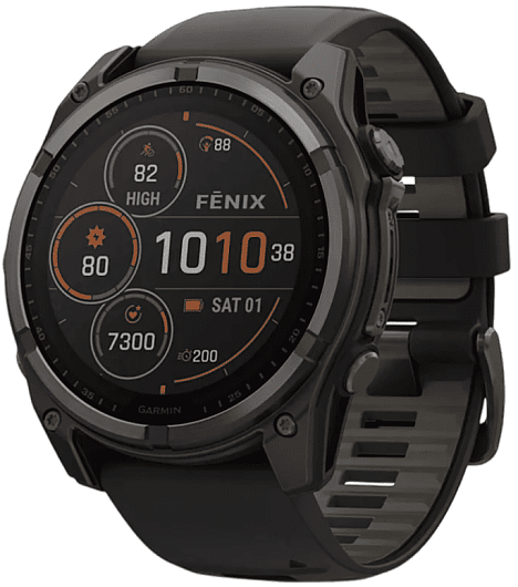 Умные часы Garmin Fenix 8 51 мм, Solar, титан с DLC, сапфир, силиконовый ремешок цвета чёрный/«серая галька»