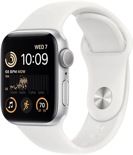Apple Watch SE (2022), 40 мм, корпус из алюминия серебристого цвета, спортивный ремешок белого цвета