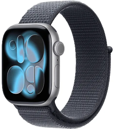 Apple Watch Series 11, 42 мм, корпус из алюминия цвета «космический серый», спортивный ремешок Loop цвета «якорный синий»