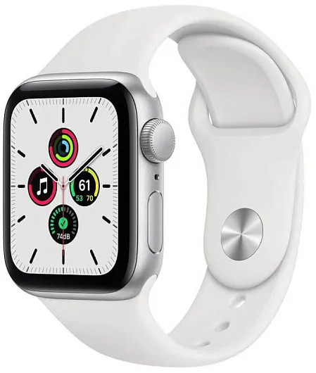 Apple Watch SE, 44 мм, корпус из алюминия серебристого цвета, спортивный ремешок белого цвета