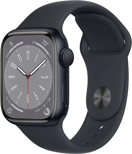 Apple Watch Series 8, 45 мм, корпус из алюминия цвета «тёмная ночь», спортивный ремешок «тёмная ночь»