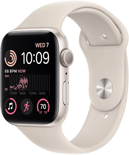 Apple Watch SE (2022), 44 мм, корпус из алюминия цвета «сияющая звезда», спортивный ремешок «сияющая звезда»