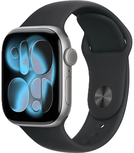 Apple Watch Series 11, 46 мм, корпус из алюминия цвета «космический серый», спортивный ремешок чёрного цвета 