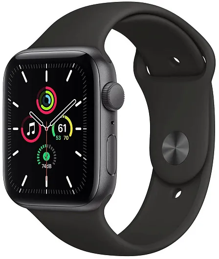 Apple Watch SE, 44 мм, корпус из алюминия цвета «серый космос», спортивный ремешок чёрного цвета