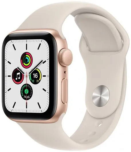 Apple Watch SE, 40 мм, корпус из алюминия золотого цвета, спортивный ремешок цвета «сияющая звезда»