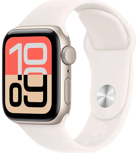 Apple Watch SE (2025), 44 мм, корпус из алюминия цвета «сияющая звезда», спортивный ремешок цвета «лёгкий румянец»