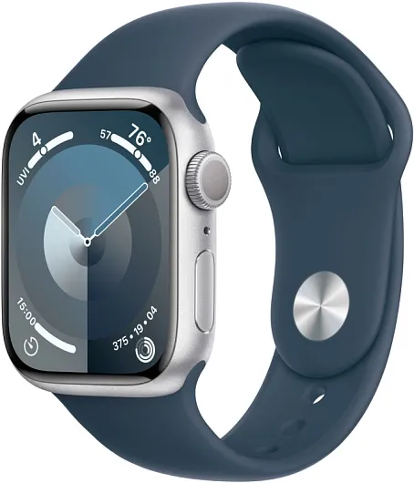 Apple Watch Series 9, 45 мм, корпус из алюминия серебристого цвета, спортивный ремешок цвета «грозовой синий»
