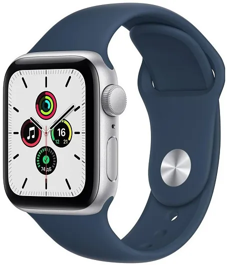 Apple Watch SE, 40 мм, корпус из алюминия серебристого цвета, спортивный браслет цвета «тёмный ультрамарин»