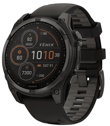 Умные часы Garmin Fenix 8 47 мм, Solar, титан с DLC, сапфир, силиконовый ремешок цвета чёрный/«серая галька»