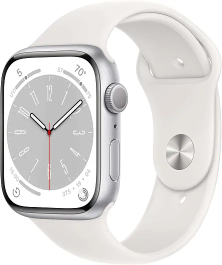 Apple Watch Series 8, 41 мм, корпус из алюминия серебристого цвета, спортивный ремешок белого цвета