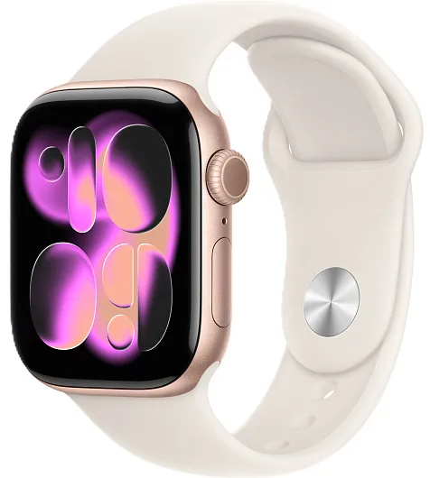 Apple Watch Series 11, 46 мм, корпус из алюминия цвета «розовое золото», спортивный ремешок цвета «сияющая звезда»